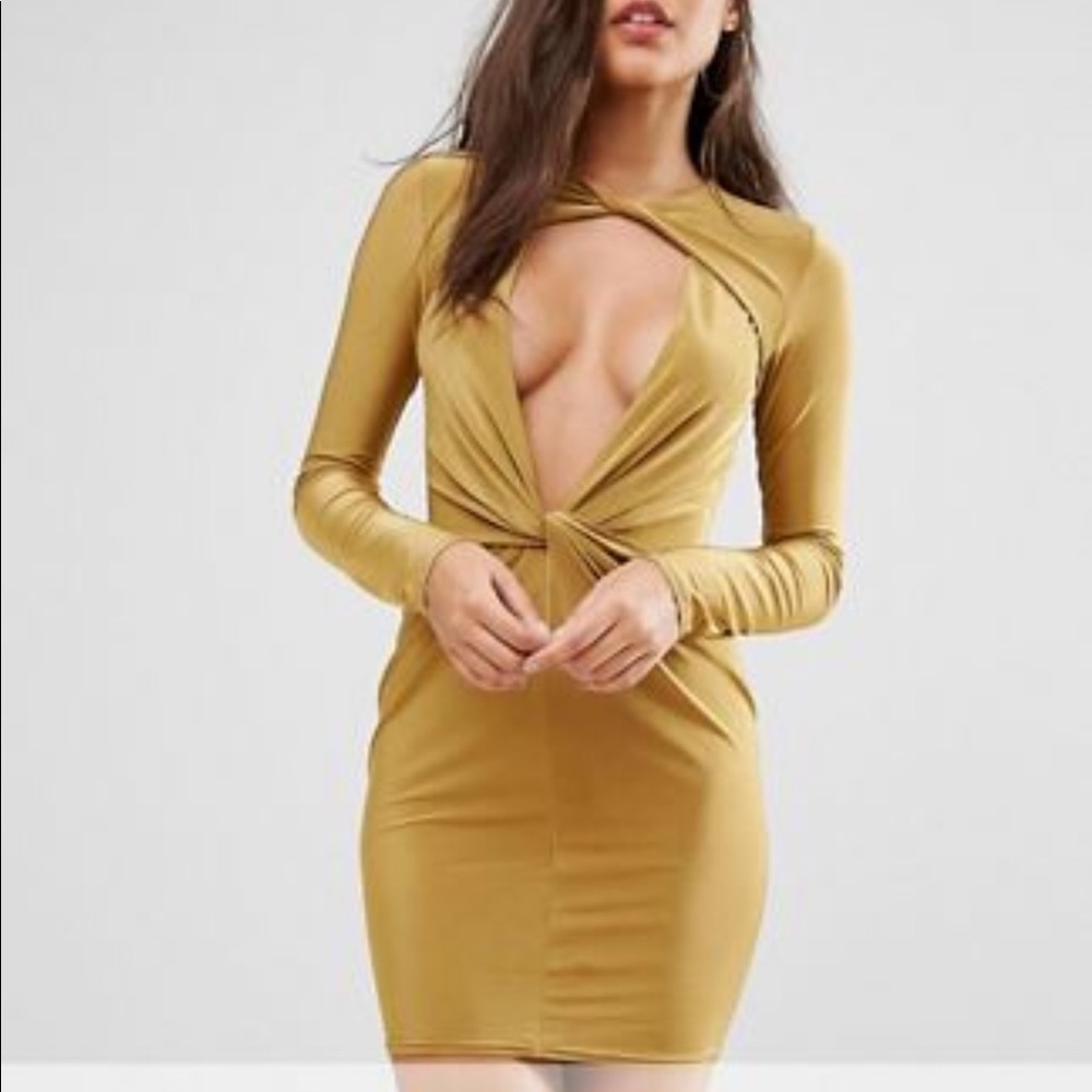 Plunging bodycon gold green dress deep cleavage